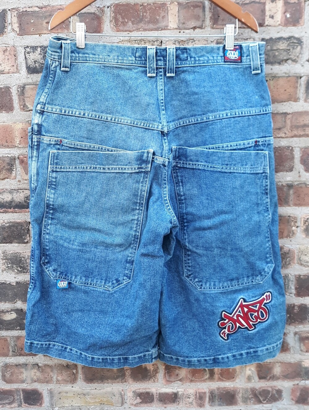 JNCO Jeans Vintage 90s Baggy Denim Shorts Mens 36 Graffiti Tag Patch Made In USA